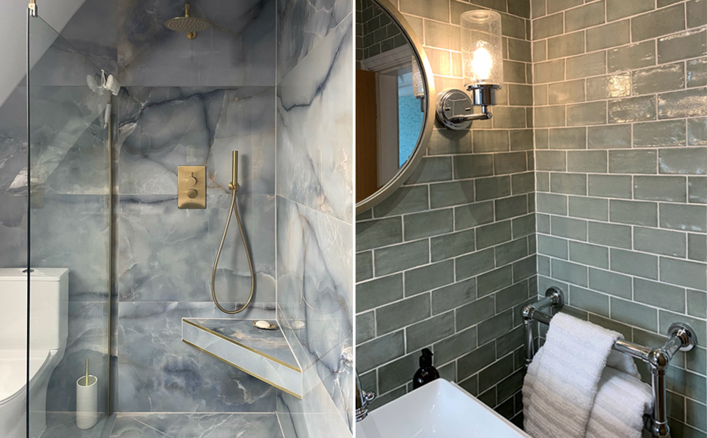 (Left) Onyx blue polished porcelain shower tiles, (Right) Horizontal Valentina matcha green metro tiles